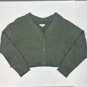 Colsie Cropped Cardigan Sweater Women's M Green V Neck Button Up Long Sleeve Top